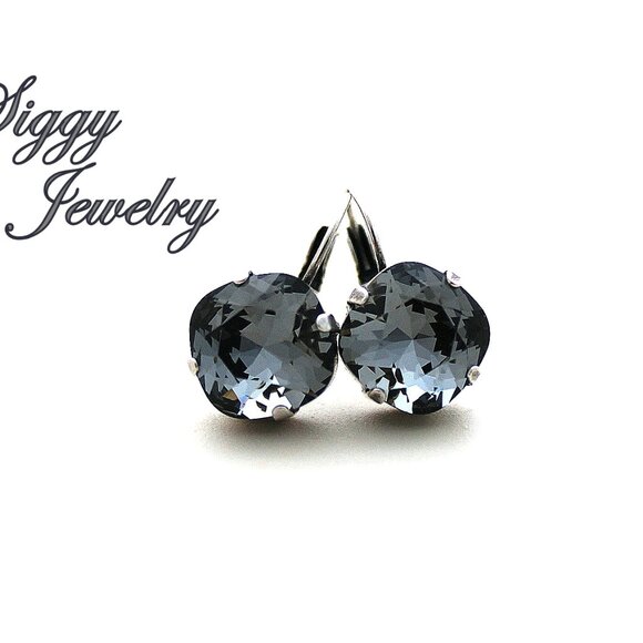 Graphite Earrings Made with 12mm Cushion Cut Genuine Austrian Crystals - Picture 4 of 7